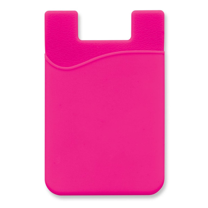 A pink silicone phone wallet with a textured design and a cut-out section at the top, featuring a logo.