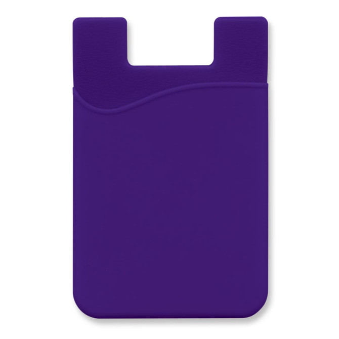 A purple silicone phone wallet with a curved design and a slot at the top for easy attachment.