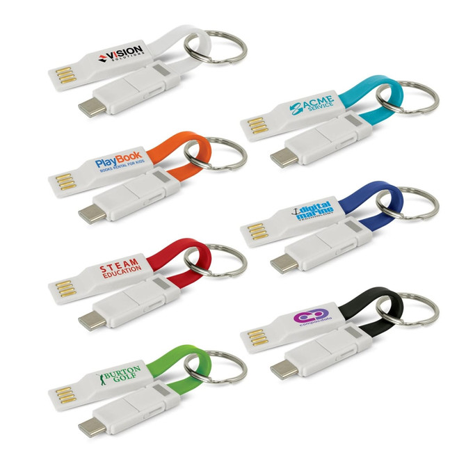 Multiple keychain charging cables in various colours with logos, featuring USB and micro-USB connectors.