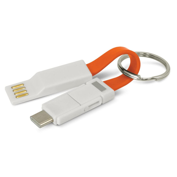 A 3-in-1 charging cable in white and orange, featuring a keyring attachment for portability.