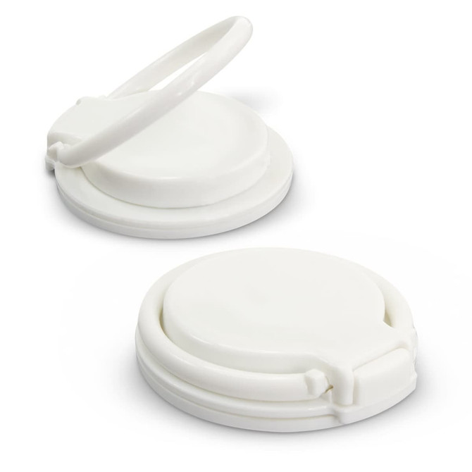 A white phone ring stand featuring a circular base and a flexible ring for secure grip and support.