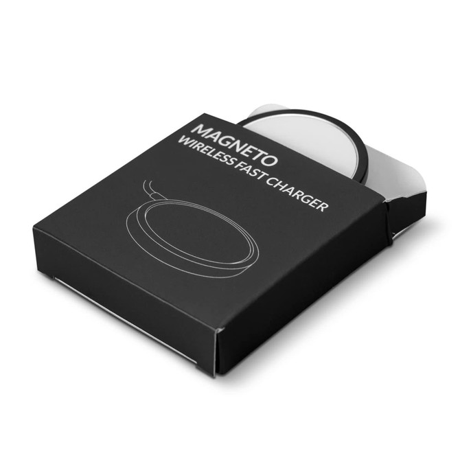 A black box containing a round wireless fast charger in a minimalist design. The box features a logo.