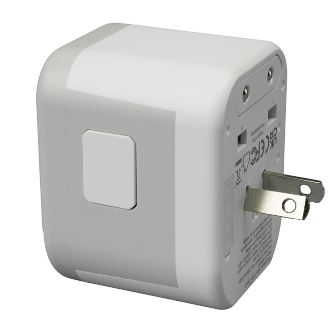A travel adaptor in white with a compact design and a folding plug. It features multiple ports on one side.