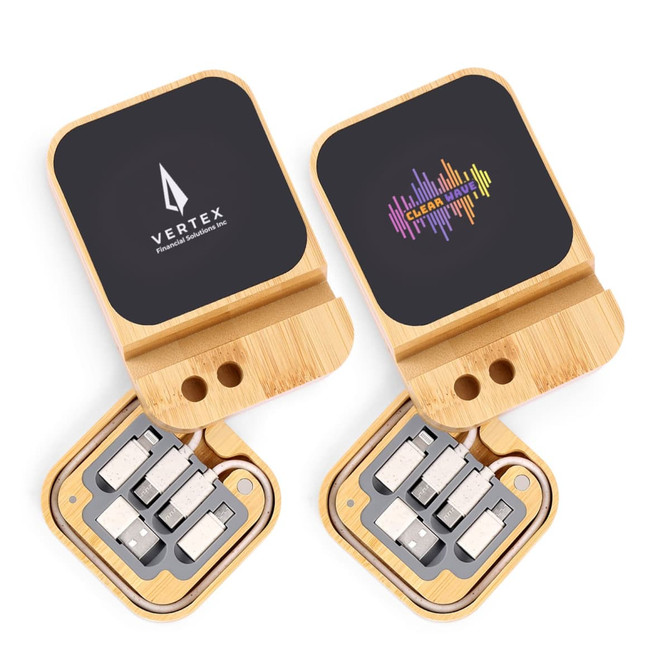 A bamboo wireless charger set featuring a black top with logos and multiple charging connectors in a compact design.