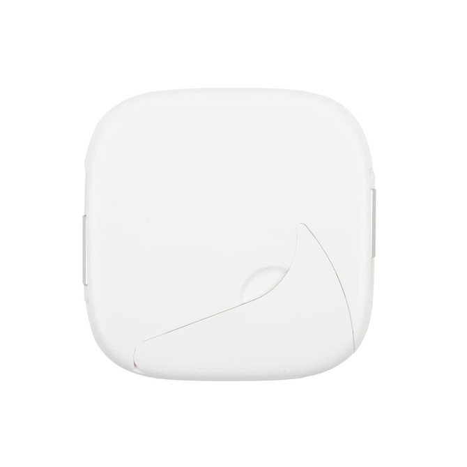 A white retractable cable set with a sleek design, featuring a curving section for easy cable access.