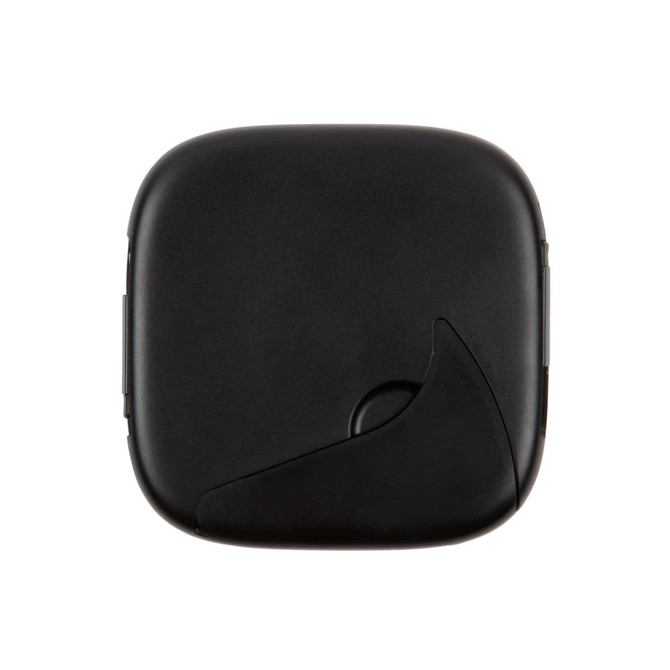 A retractable charging cable set in a compact black case. The case features a curved opening for cable access.