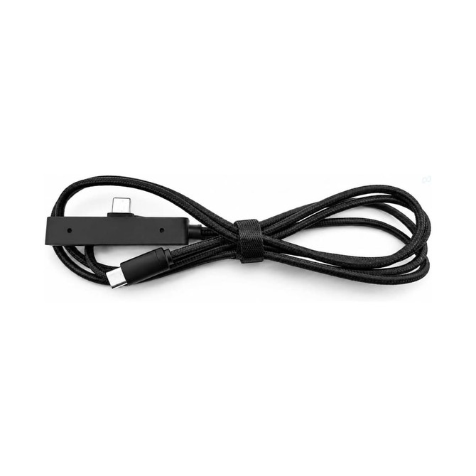 A black charging cable with a braided design and USB-C connector, featuring a logo on one side.