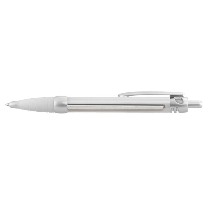 A white plastic pen with a textured grip and a clip, featuring a logo on its barrel.