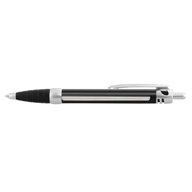 A black plastic pen with silver accents and a textured grip. It features a clip and has a logo.
