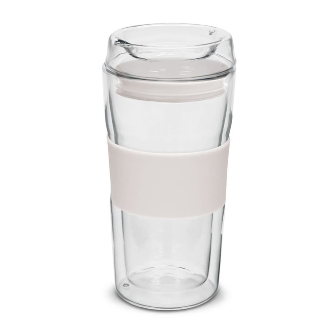 A double wall glass cup with a clear body and a white silicone grip. The cup features a lid designed for easy sipping.