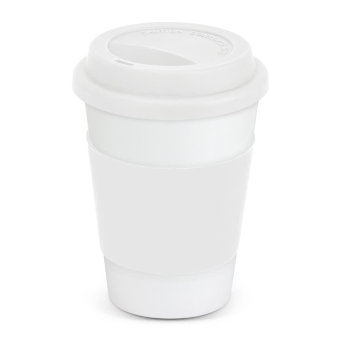 A white coffee cup with a lid and a grip band, featuring a logo on the surface.