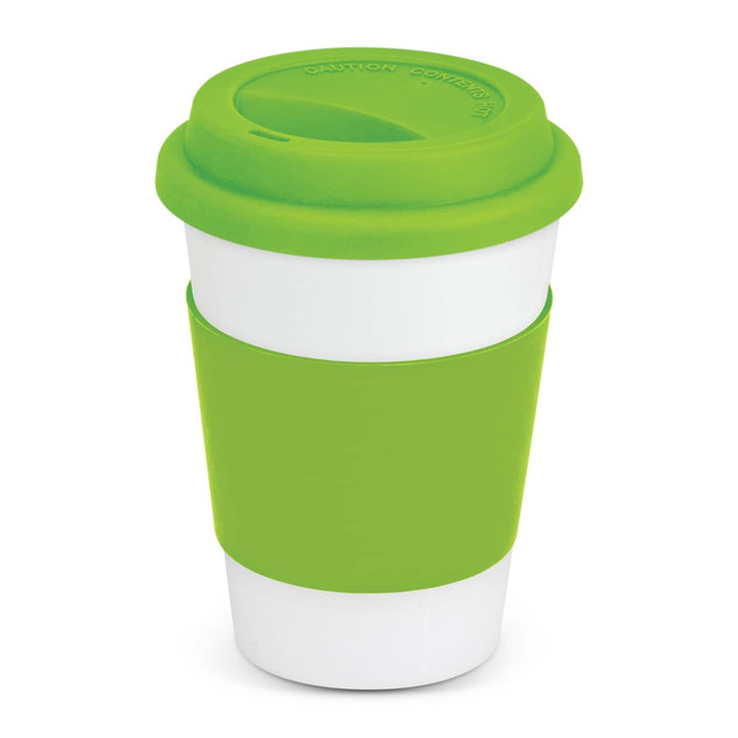 A green and white reusable coffee cup with a matching silicone lid and grip, featuring a logo.