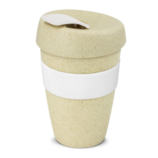 A drink bottle with a double wall design, featuring a natural beige colour and a white silicone band.
