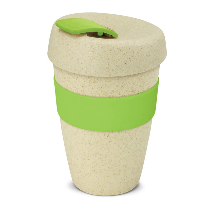 A drink bottle with a speckled cream body, green silicone band, and a green lid resembling a leaf. It has a logo.