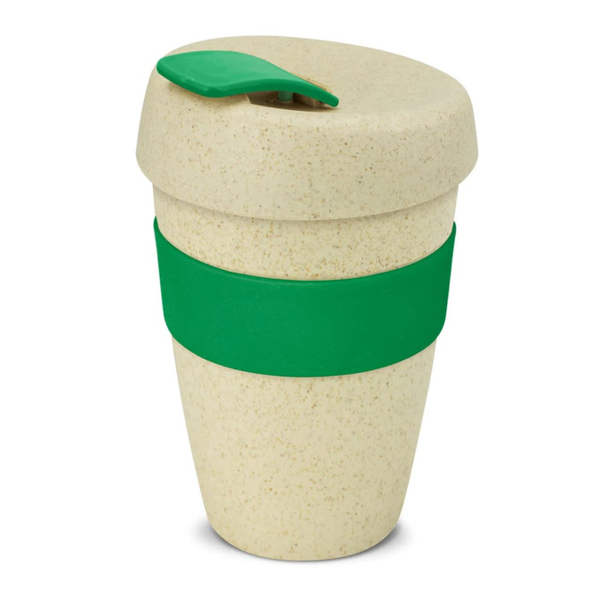 A drink bottle featuring a double wall design in beige with a green silicone band and lid. It has a logo.