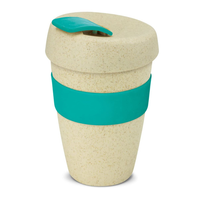 A drink bottle featuring a natural speckled design with an aqua silicone band and lid. It has a logo on it.