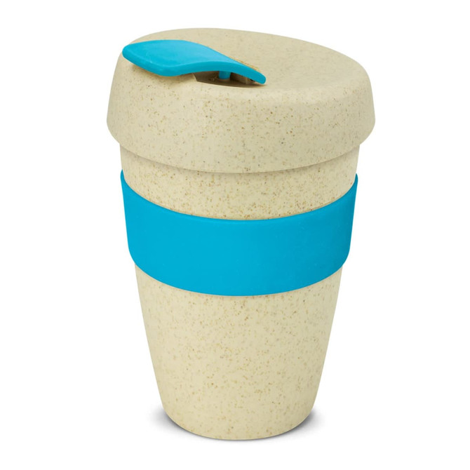 A drink bottle featuring a double wall design in a natural beige with a blue silicone band and lid.