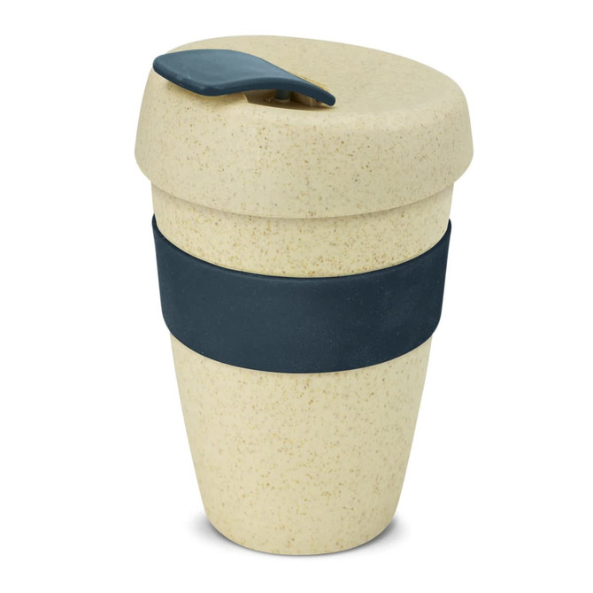 A drink bottle with a double wall design, featuring a pale natural body and a dark blue silicone grip and lid.