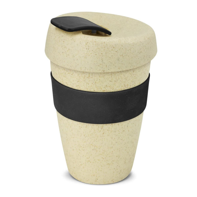 A drink bottle with a speckled cream finish, featuring a black silicone sleeve and lid, branded logo included.