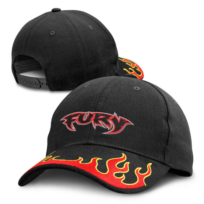 A black cap featuring a fiery red and yellow flame design, with an embroidered logo on the front.