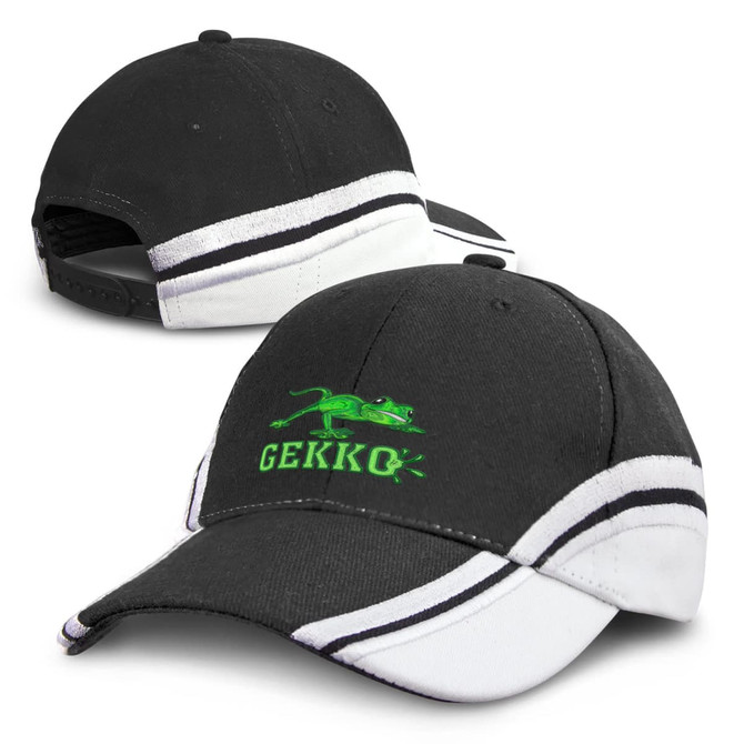 A black cap with white stripes, featuring an embroidered green lizard logo and an adjustable strap at the back.