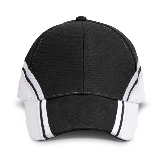 A black and white cap featuring a logo, with a structured design and contrasting stitching details.