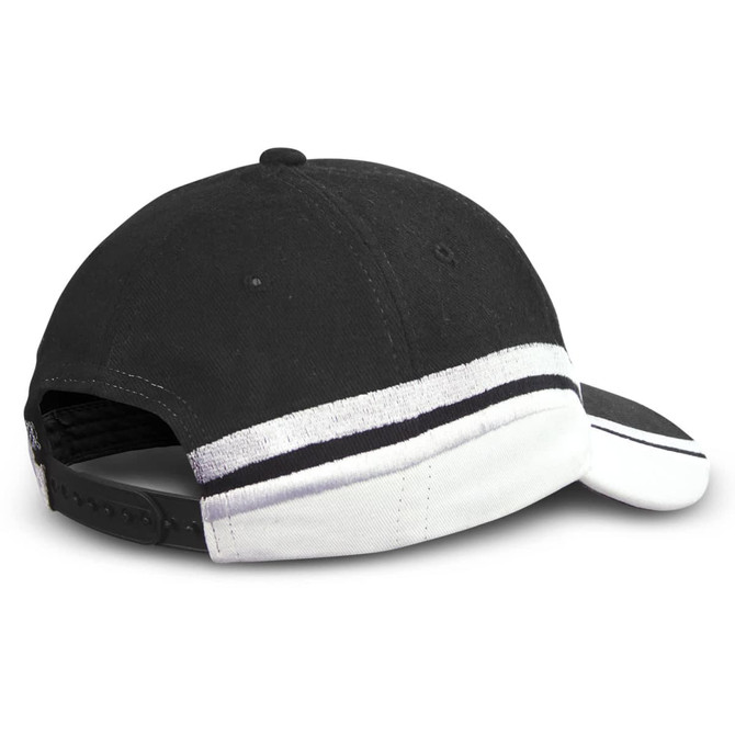 A black and white cap featuring a sporting style, with a logo on the rear and an adjustable strap.