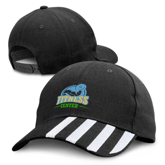 A black cap featuring a logo and white striped details on the front and back.