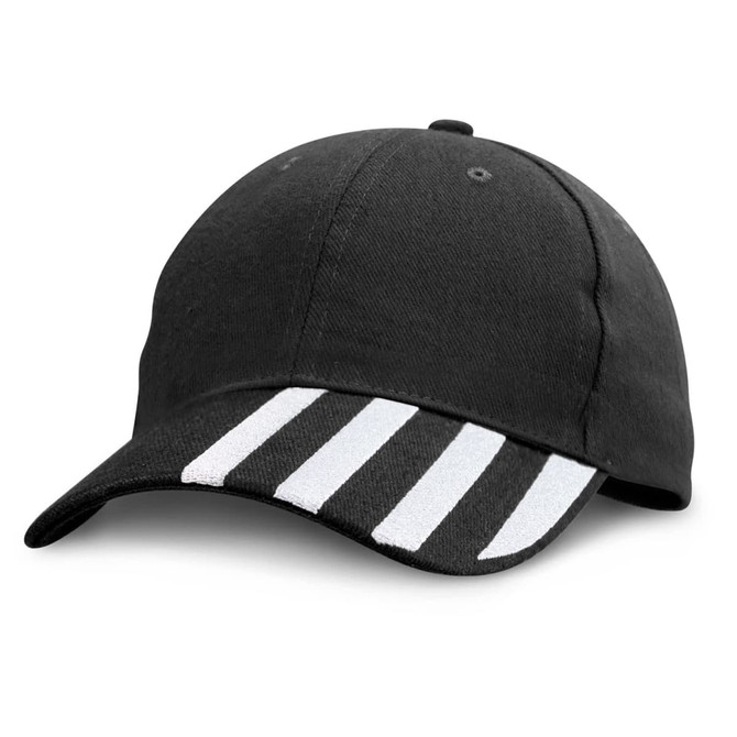 A black cap with white stripes on the visor, featuring a logo on the front.