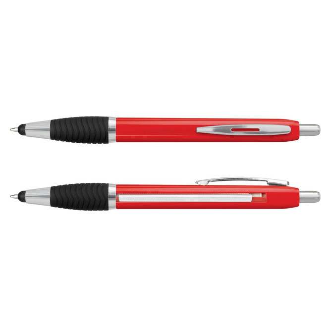 A red plastic pen with a rubber grip and silver accents, featuring a clip and a transparent section.