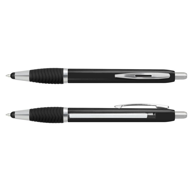 A black plastic stylus pen with a comfortable grip and shiny silver accents, featuring a branding logo.