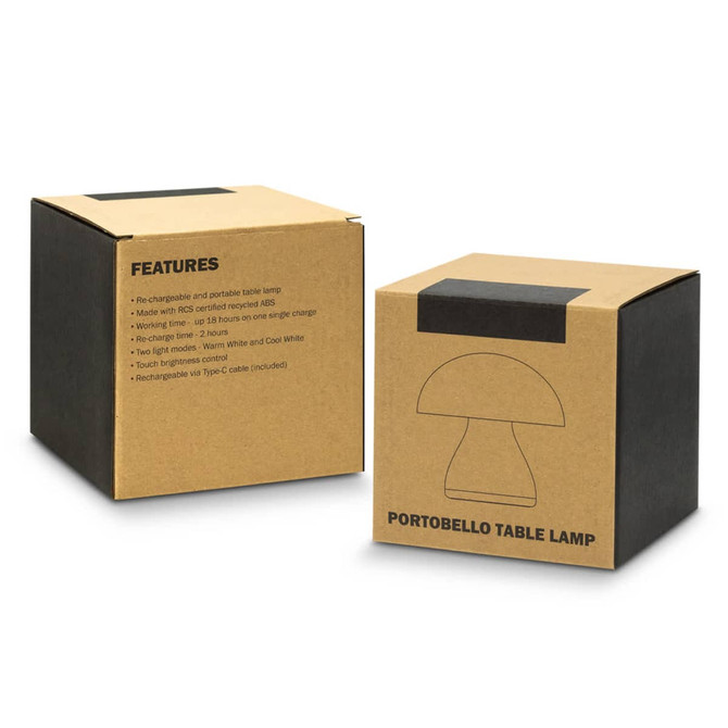 A brown cardboard box featuring the Portobello Table Lamp design and descriptions of its features.