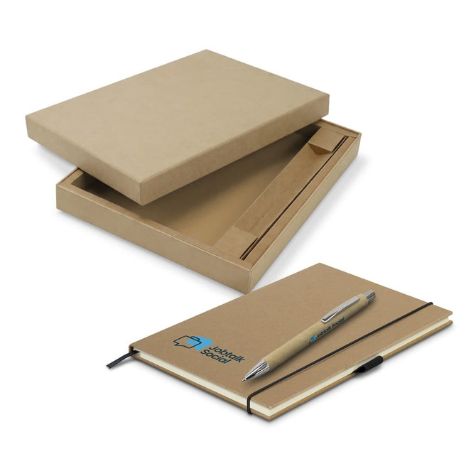 A Kraft notebook with a matching pen inside a kraft box. The notebook features a logo on the cover.