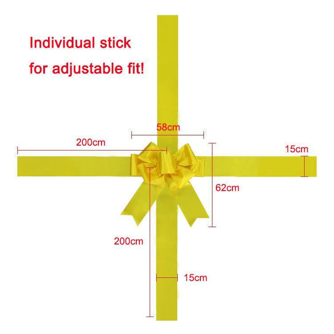 Size guide diagram showing door bow dimensions and ribbon measurements.