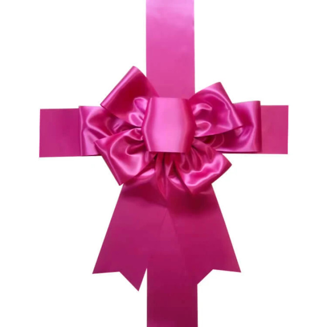 Large pink custom door bow with long ribbon tails for events, gifts and branded displays