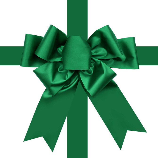 Large dark green custom door bow with long ribbon tails for branded promotions and premium displays