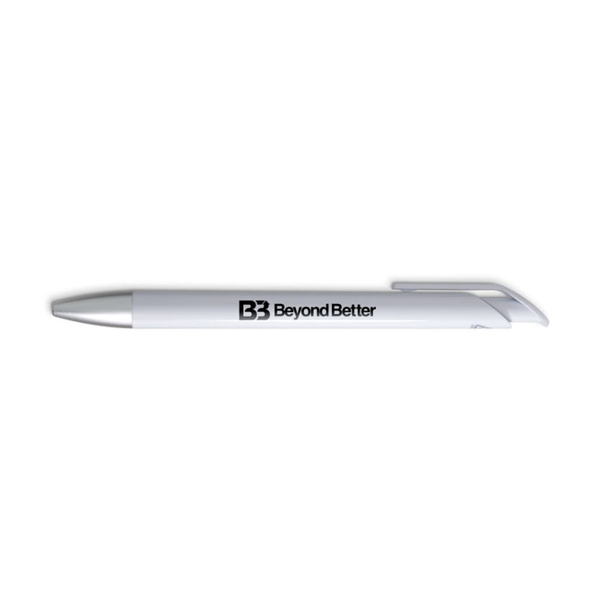 A white gel ink pen with a sleek design and a branding logo on the side.