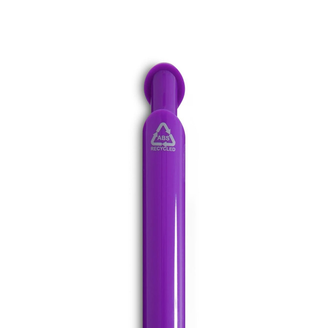 A purple gel ink pen with a rounded top and a logo, featuring a sleek, shiny design.