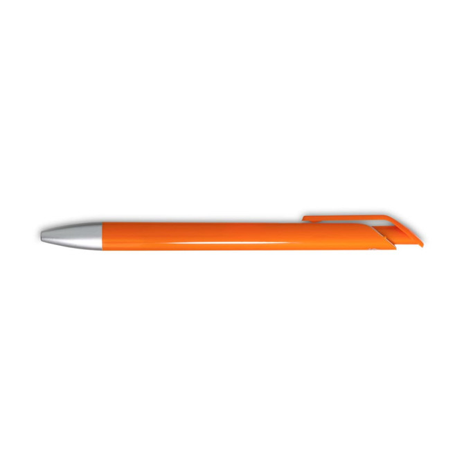 An orange gel ink pen with a silver tip and cap, featuring a smooth and streamlined design.