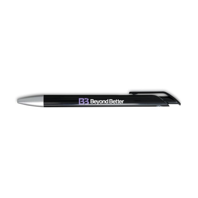 A black gel ink pen with a silver tip and a logo on the barrel.