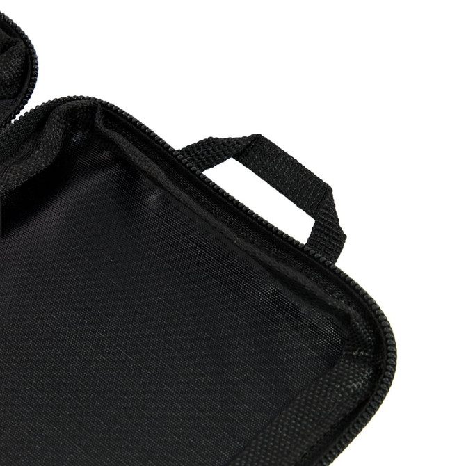 A small black zippered case with a handle, featuring a smooth interior without compartments.
