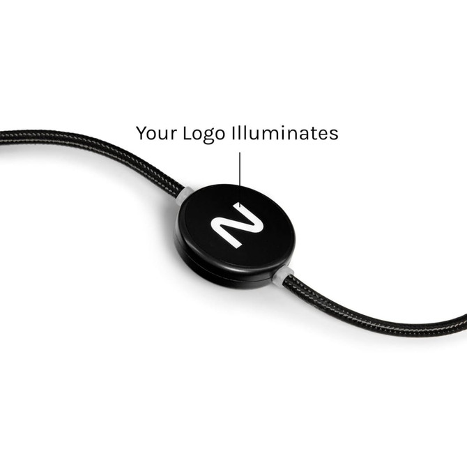 A black illuminated charging cable featuring a round connector and a decorative braided design.