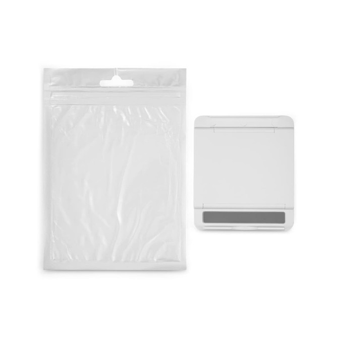 A white Glide Phone Stand next to a clear, resealable plastic packaging. The stand has a sleek, minimalist design.