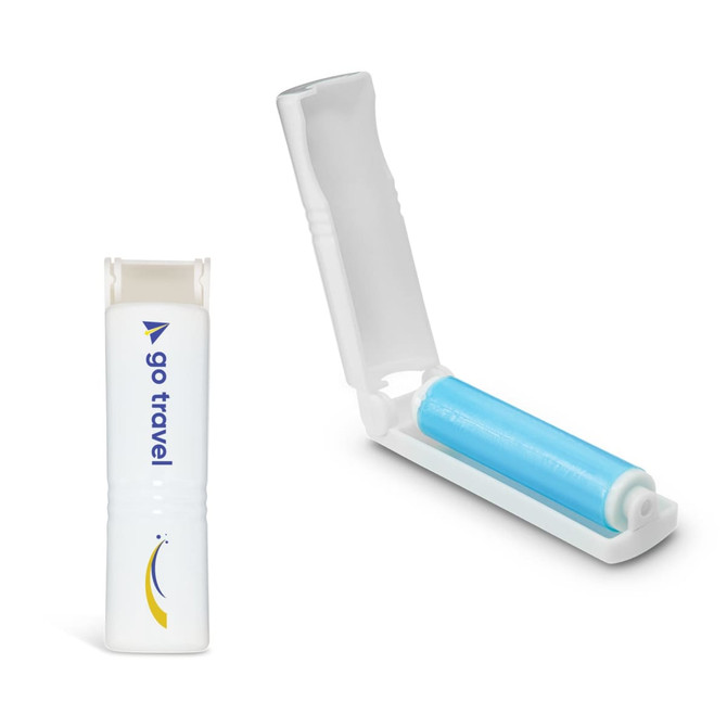 A mini lint roller featuring a blue roller and a white casing with a logo.