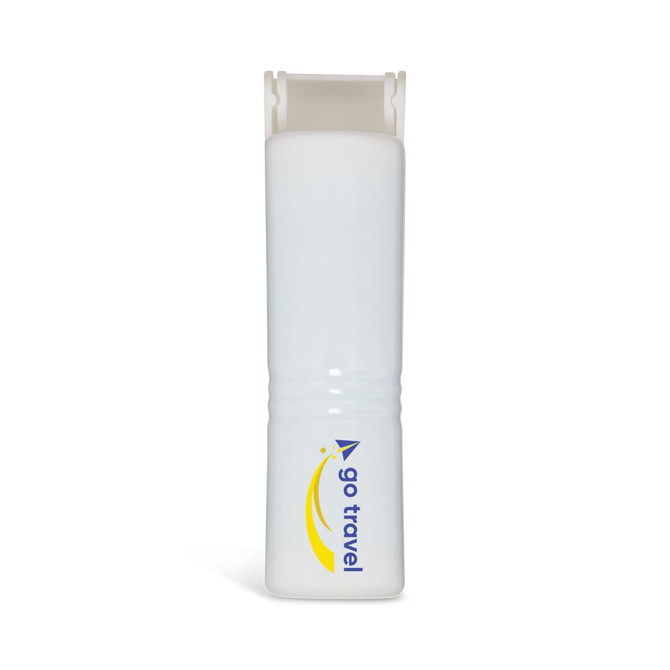 A white mini lint roller with a logo, featuring a compact, travel-friendly design.