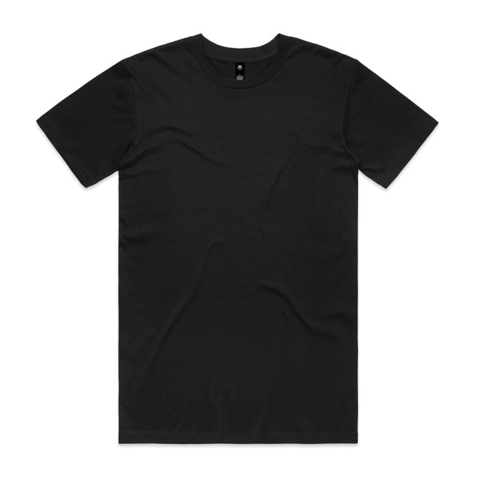 A plain black T-shirt with a round neck and short sleeves. It features a logo on the label.
