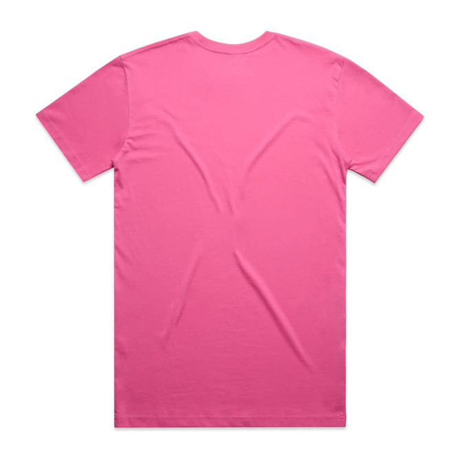 A pink unadorned T-shirt, displayed from the back, features short sleeves and a simple design.