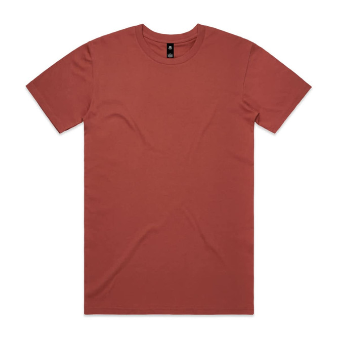 A rust-coloured t-shirt displayed flat, featuring a simple design and a brand logo on the inside collar.