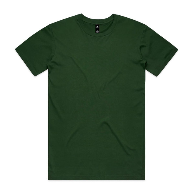 A green t-shirt with a crew neck and short sleeves, featuring a minimalistic design and a tag.