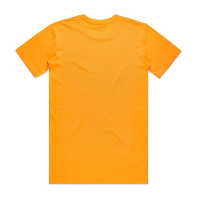 An orange t-shirt featuring a plain back design and a round neckline. The shirt has a logo on the inner tag.